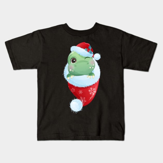 Cute Christmas Dinosaur With Santa Hat In Christmas Stocking Kids T-Shirt by P-ashion Tee